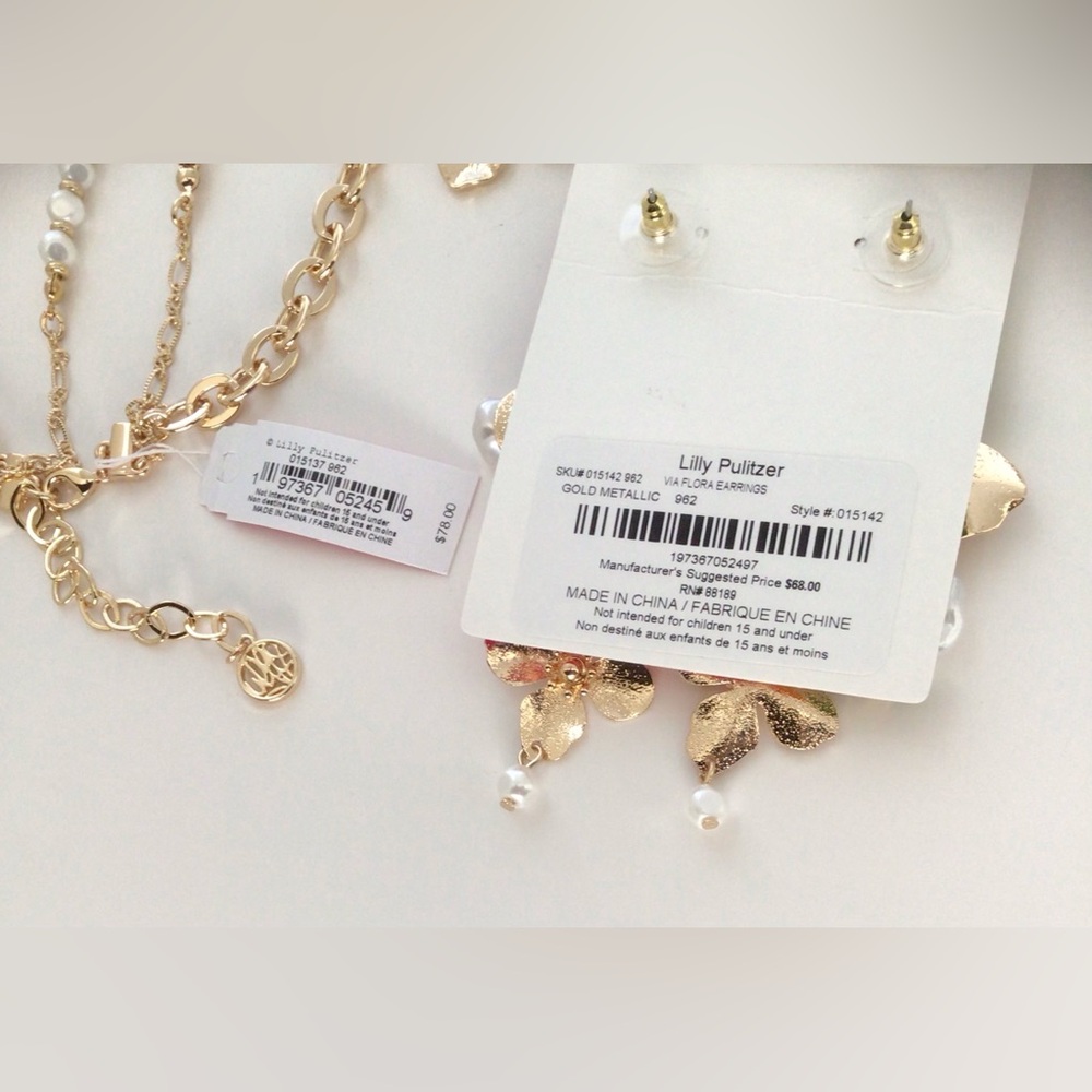 Lilly Pulitzer NECKLACE EARRINGS Set Via Flora Metallic Gold Tone New In Package - Picture 7 of 11